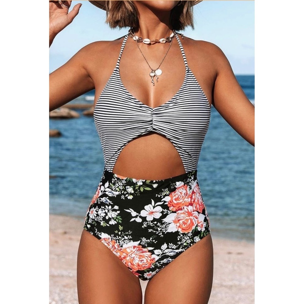 Cupshe Floral & Striped Cutout One-Piece Swimsuit – High Waist Tummy Control M